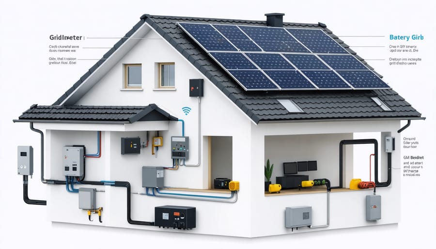 Schematic diagram of complete home solar system with battery backup components