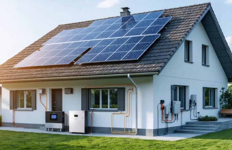 "A detailed illustration of a home's solar power system featuring solar panels, an inverter, and monitoring devices connected in a streamlined configuration, highlighting the flow of energy throughout the home for sustainable power management."