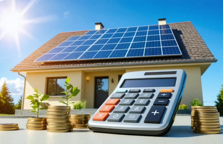 A modern house with solar panels on the roof and a calculator showing dollar symbols, representing the financial benefits of the federal solar tax credit for 2024.