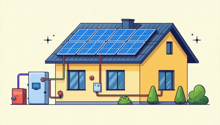 Diagram showing energy flow from solar panels through thermal storage to home climate control