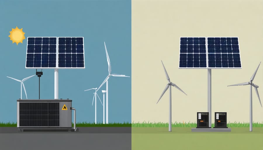 Split image showing traditional generator with noise waves versus quiet solar panels and battery system