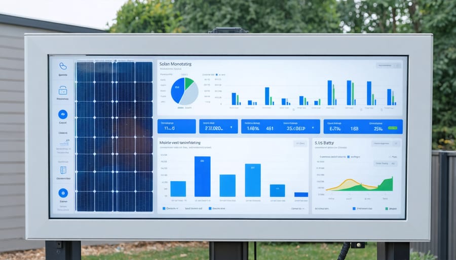 Digital display screen showing solar system performance metrics and generator status