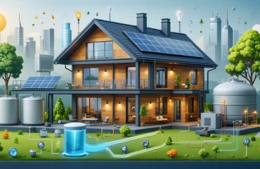 Illustration depicting a modern home utilizing solar panels and thermal energy storage elements, including water tanks and phase-change materials, showcasing effective energy management from sustainable resources.