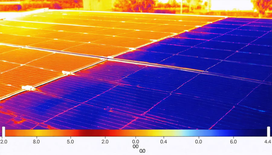 Thermal image comparing heat distribution on solar panels with and without cooling technology