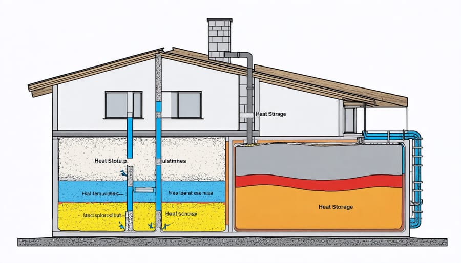 Cutaway illustration of a home thermal storage system showing phase change materials and heat exchange components