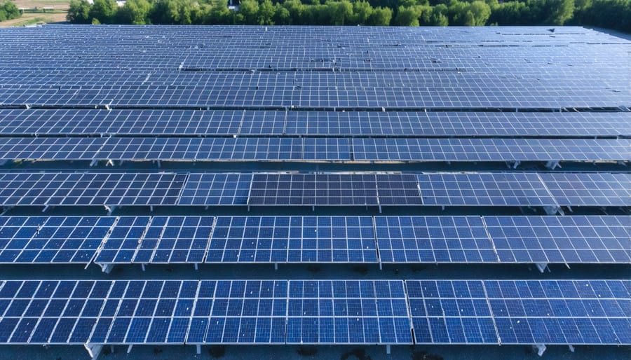 Bird's eye view of a 1-megawatt solar farm showing systematic panel arrangement