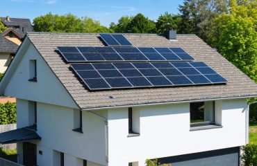 Suburban home with a 5kW grid-tie solar panel system installed on the rooftop under a clear blue sky, symbolizing sustainable energy and reduced electricity bills.