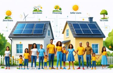 Diverse families happily standing in front of solar-powered homes, with symbols of solar financing options like loans, tax credits, and community programs, illustrating solar energy's accessibility and affordability.