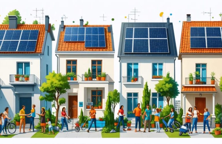 A diverse community with solar panels installed on various homes, showcasing residents engaging in communal activities, emphasizing solar energy accessibility and affordability through grants.