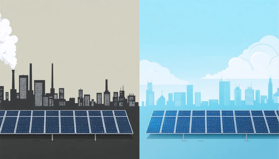 Visual comparison of air quality: industrial pollution versus clean air above solar installation