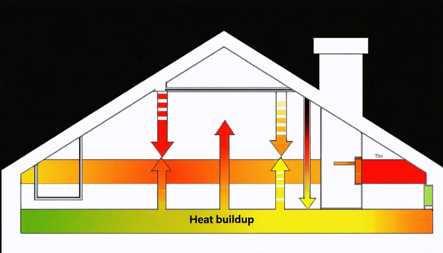 Diagram illustrating how heat accumulates in a poorly ventilated attic space