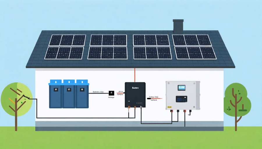 Technical diagram of home battery storage system components and connections