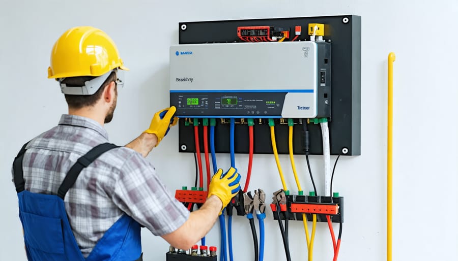 Certified technician installing residential battery storage system