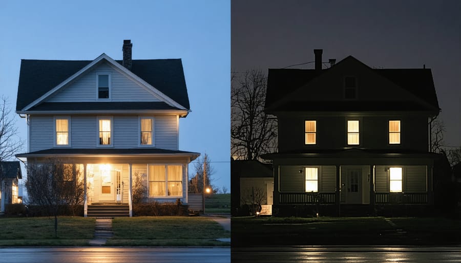 Comparison of homes during power outage showing v-grid house with power versus conventional homes without power