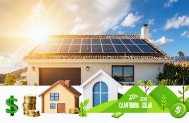 A California home with solar panels on the roof, surrounded by symbols of financial savings, under a glowing sun representing renewable energy benefits.