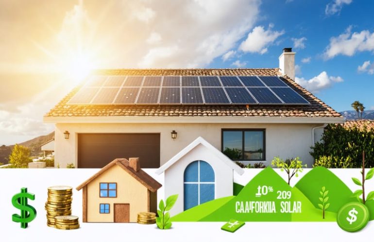 A California home with solar panels on the roof, surrounded by symbols of financial savings, under a glowing sun representing renewable energy benefits.