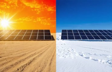 Dual scene of solar panels demonstrating adaptability in extreme climate conditions; reflecting heat in a desert and shedding snow in a winter landscape.