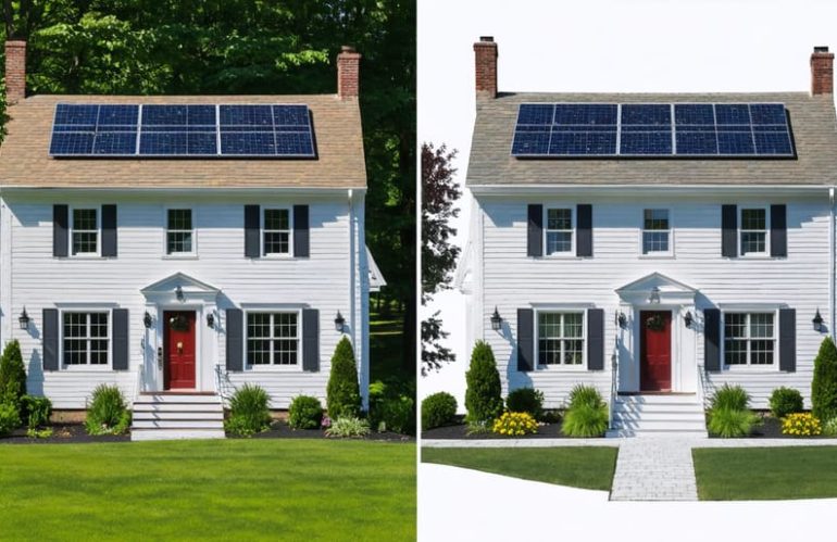 Split-view comparison of a traditional colonial home before and after solar panel installation, illustrating seamless integration of modern solar technology with classic architectural design.