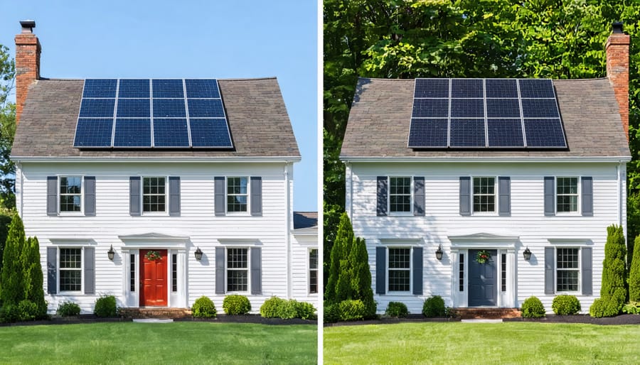 Before and after comparison of solar panels installed on a colonial-style home