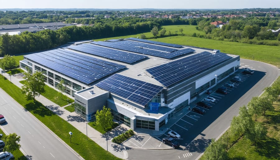 Commercial rooftop solar array with protective equipment and monitoring systems visible