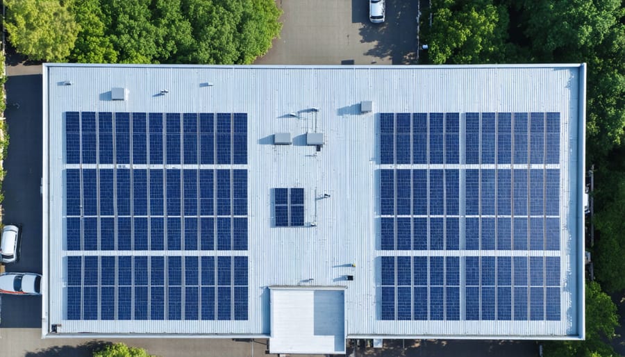 Large-scale commercial solar panel array installed on industrial building rooftop