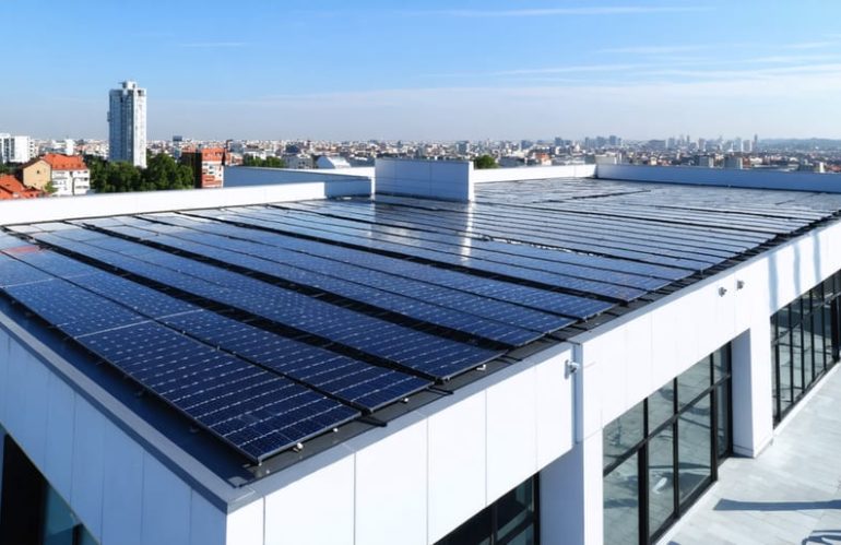 Aerial view of a commercial building equipped with solar panels and protective weather and security systems, representing the investment in sustainable energy and environmental leadership.