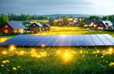 Conceptual image showing a neighborhood interconnected by lines to a central solar panel array, symbolizing community solar energy sharing and savings.