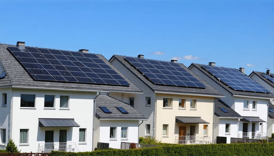 Multi-ethnic community members watching solar panel installation on residential rooftops