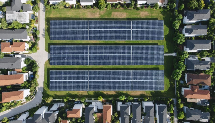 Community solar installation featuring solar panels with homes visible nearby