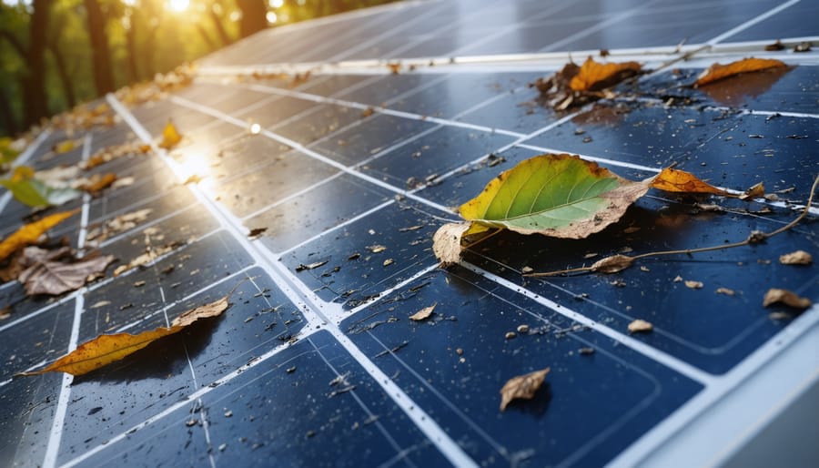 Dirty solar panel with leaves and debris affecting its performance