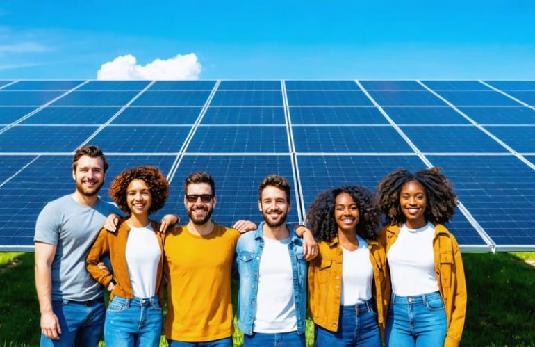 A diverse group of people, including renters and homeowners, standing in front of community solar panels, symbolizing the accessibility of clean energy through community solar programs.