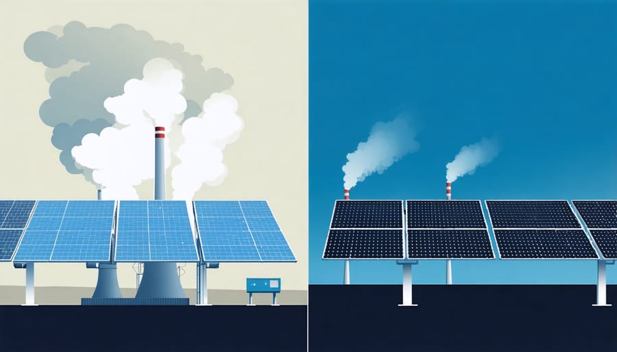 Contrasting images of smoke stacks emitting pollution and clean solar panels under blue sky