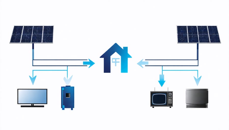 Energy flow diagram between solar panels, battery storage, and home power usage