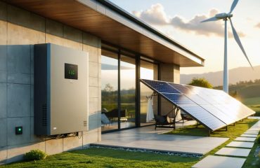 A modern home with a stylish battery storage system and solar panels, symbolizing energy independence and renewable energy integration.