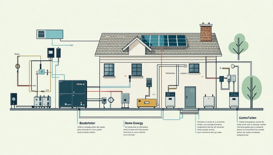 Diagram illustrating the key components and connections in a residential energy storage system