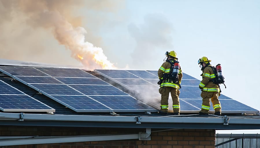 Firefighters carefully working around residential solar panels during emergency operations