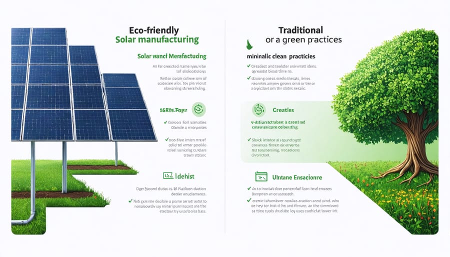 Side-by-side comparison showing eco-friendly solar manufacturing with reduced emissions versus conventional manufacturing