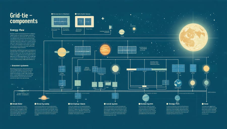 Infographic depicting how a grid-tie solar system connects to home and utility grid