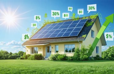 Illinois suburban home with solar panels, financial symbols indicating savings like percentages and dollar signs, and elements of nature displaying sustainability.