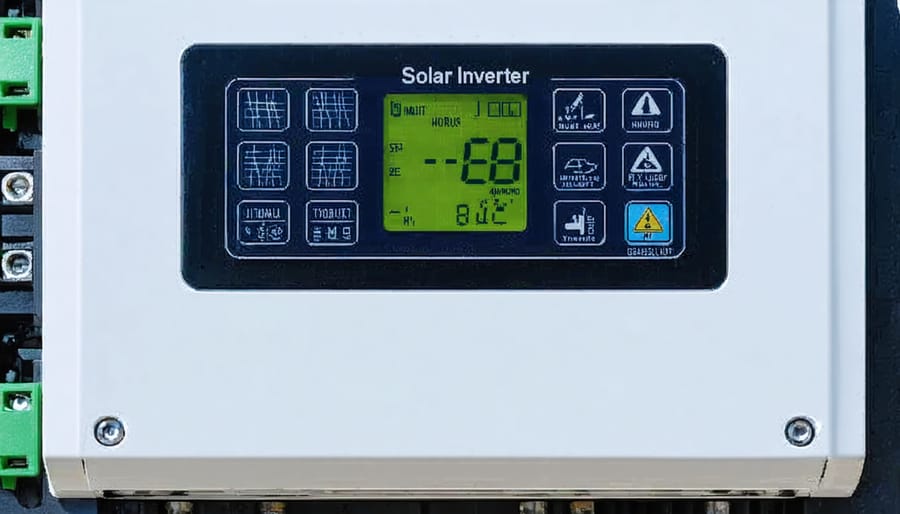 Close-up of solar inverter screen displaying common error indicators