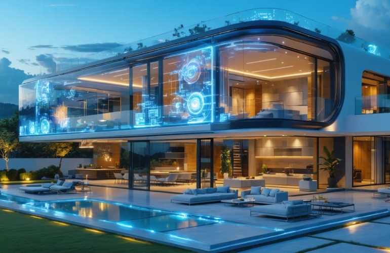 Modern home with large transparent windows equipped with invisible solar technology, showcasing subtle energy flow visualization.