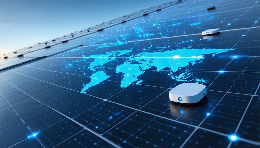 Solar panels equipped with various IoT sensors displaying real-time monitoring data