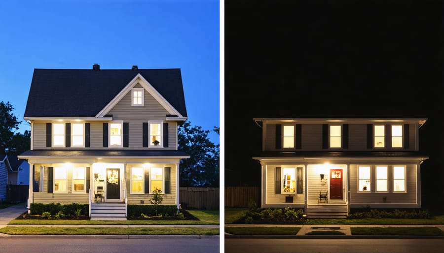 Home powered by solar microgrid staying lit during a power outage while neighboring houses are dark