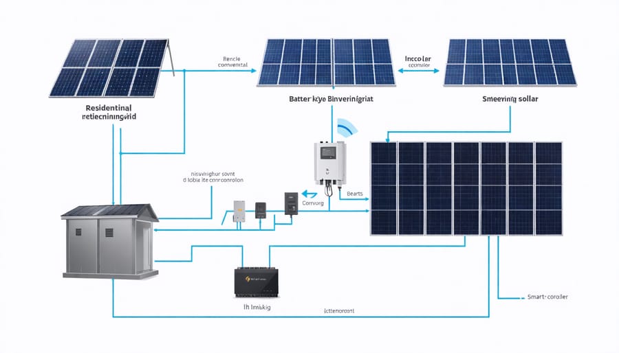 Technical illustration of solar microgrid components and their connections in a residential setup