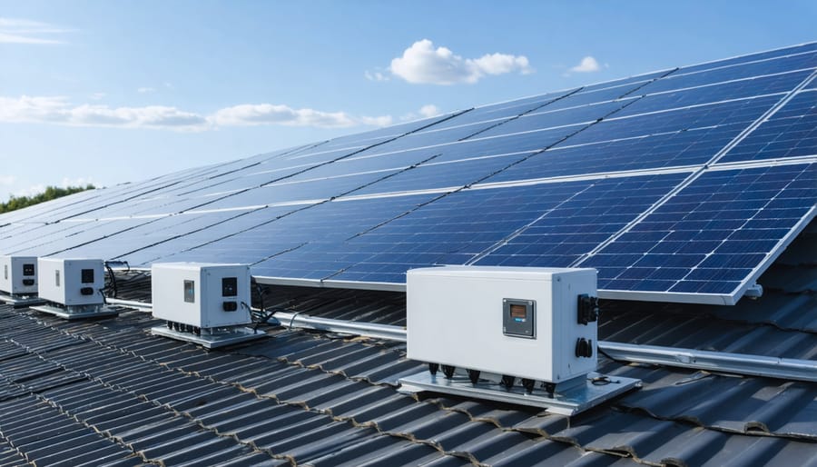 Close-up view of microinverters installed under solar panels