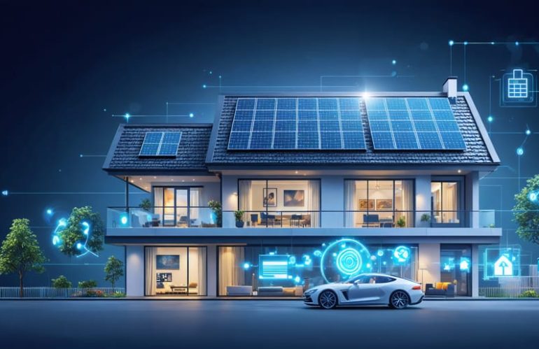 Conceptual illustration showing solar panels and lithium-ion batteries powering a home through smart energy management.