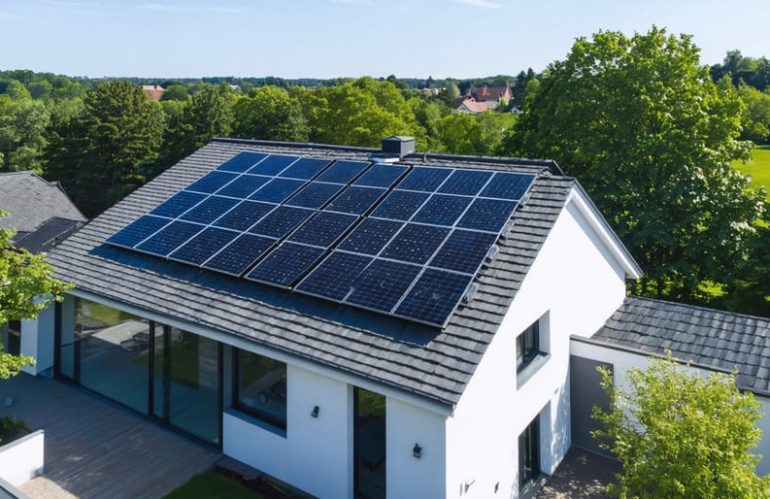 Aerial view of a modern home featuring optimally placed solar panels on a sunlit roof, illustrating residential solar energy integration.