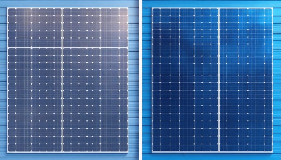 Visual comparison between dark black monocrystalline solar panels and blue-speckled polycrystalline solar panels