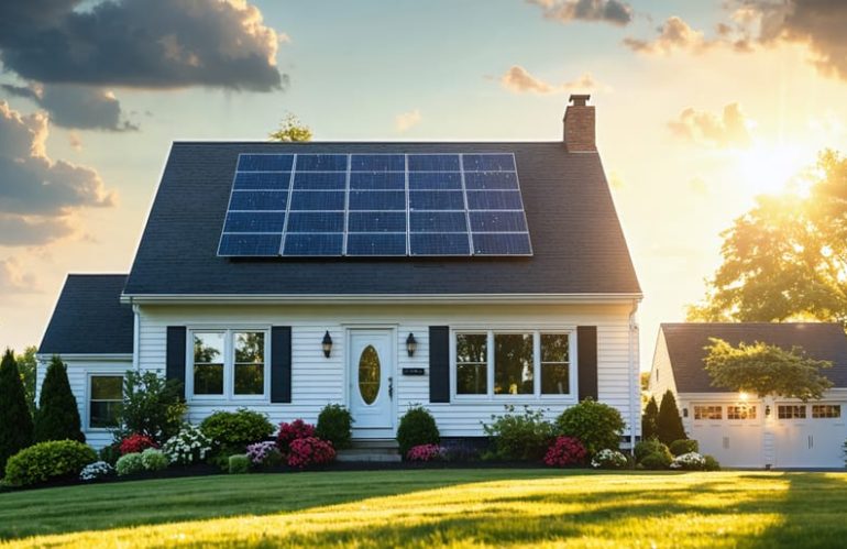 A modern suburban home in New Jersey with solar panels installed on its rooftop, illuminated by warm sunlight, symbolizing the benefits of the JCP&L solar program for affordable and sustainable home energy.