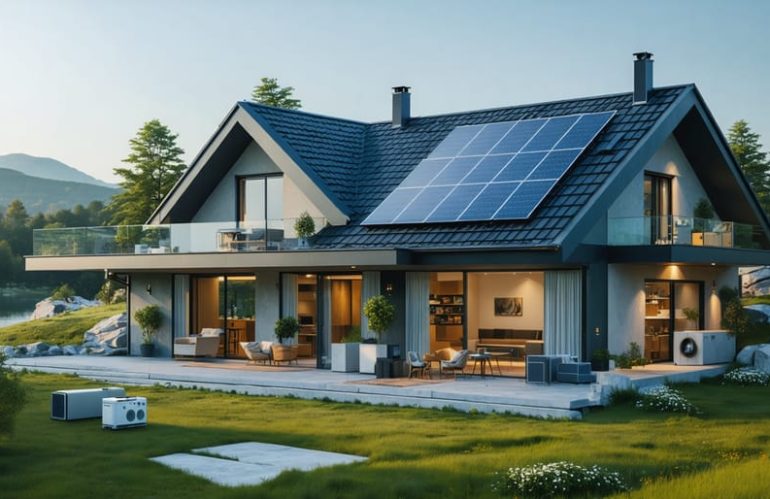 Modern home with an extensive off-grid solar system, featuring rooftop solar panels and outdoor battery storage units in a tranquil setting.